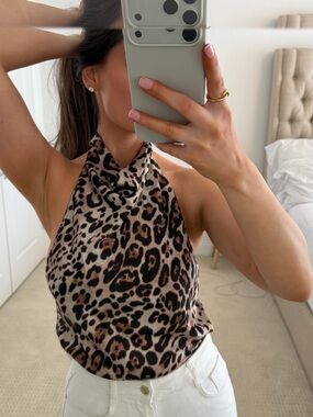 Satin leopard print halterneck top